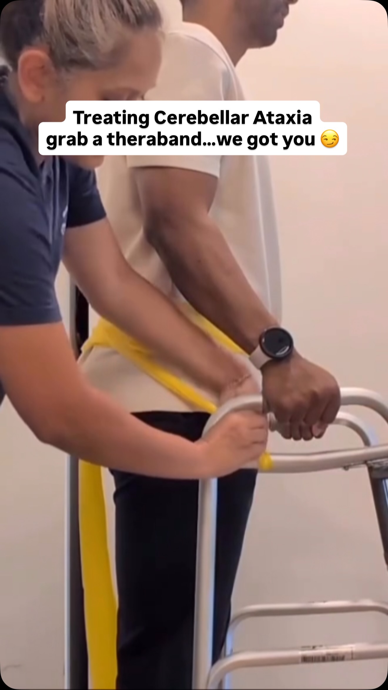 Theraband series — trunk compression for cerebellar ataxia.
Individuals with cerebellar ataxia often struggle with poor proprioception and truncal instability — leading to that wide-based, uncoordinated gait pattern that is so characteristic and so difficult to treat.
One of our favorite interventions: wrapping a Theraband around the trunk, pelvis, and hips to deliver continuous axial compression.
Here is what it is actually doing for the nervous system.
The elastic recoil provides dynamic inward pressure that moves with the body — not a rigid brace, but a responsive one. That continuous compression increases tactile and joint mechanoreceptor feedback, giving the brain real-time information about where the trunk is in space. For a cerebellar system that has lost the ability to process that information accurately, this is significant.
The resistance also facilitates automatic co-contraction of the deep core and hip stabilizers — the muscles that should be doing this job but are not getting the right signal. And the elastic tension acts as an external damper, smoothing out the lateral sway and truncal oscillations that make every step unpredictable.
Think of it as turning up the volume on sensory feedback so the nervous system has something to work with.
The band becomes an extension of the therapist’s hands. And it goes home with the patient. 💙
#TherabandSeries #CerebellarAtaxia #NeuroRehab #TrunkStability #Proprioception NeurologicalRehabilitation StrokeRecovery BrainInjuryRecovery OccupationalTherapy PhysicalTherapy NEUROPATH WestchesterNY ConnecticutHealth InHomeRehab NeuroOT NeuroPT Neuroplasticity ClinicalPearls AtaxiaTreatment FunctionalRehab