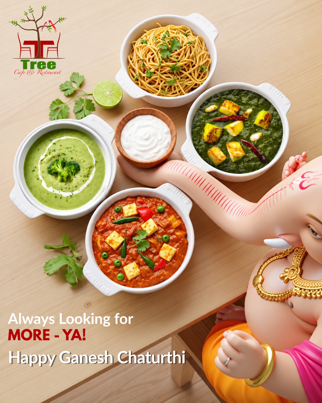 Looking for MORE-YA food, blessings, and happiness this festive season! 🍲✨ Lord Ganesha’s trunk is already busy picking his favorites, what about yours?
#ganpatibappamorya #ganeshchaturthi #treecafe #dehradun