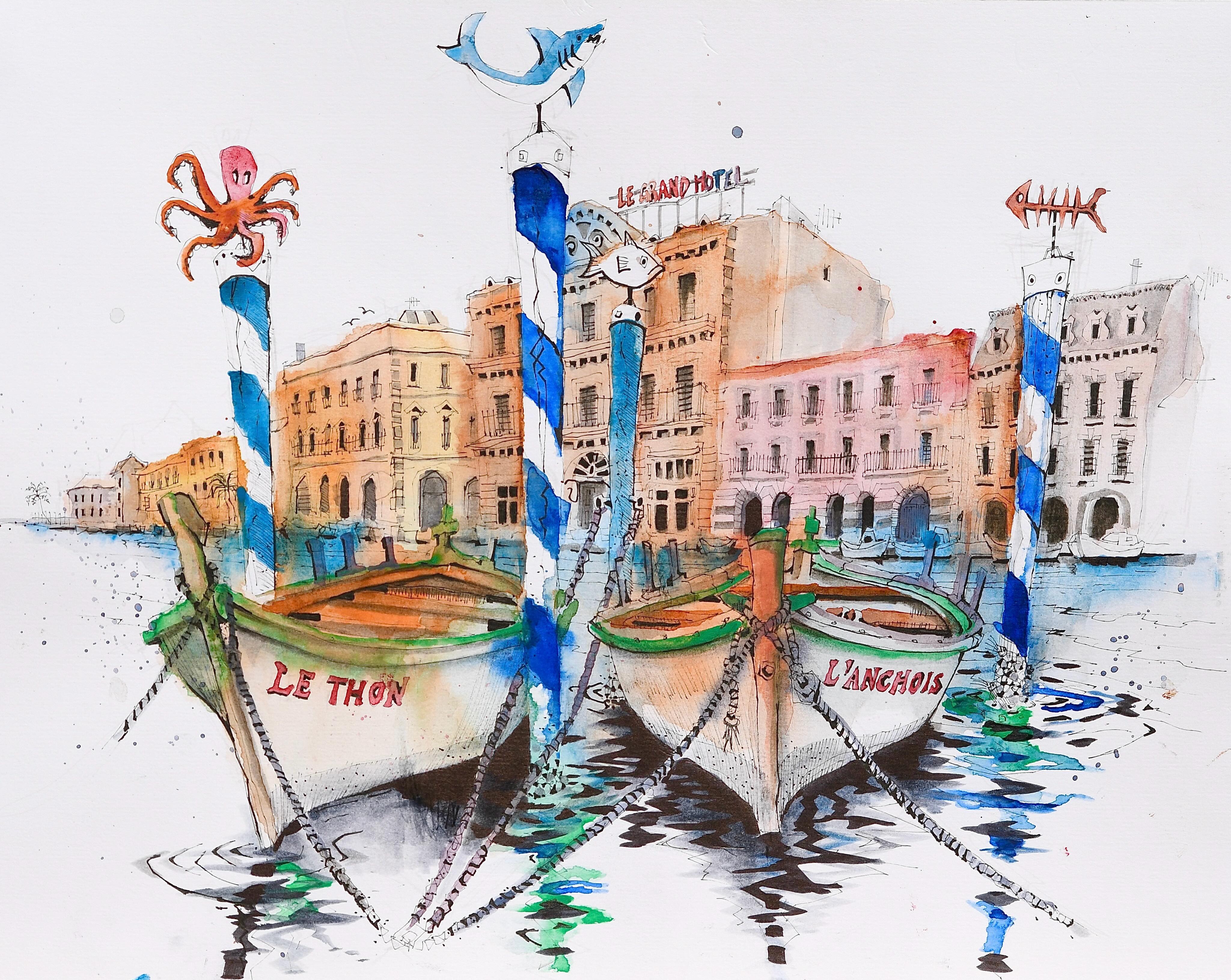My recent trip to Sete contained many highlights, including this day of drawing and painting with friends along the Canal de Sete with a view of the Grand Hotel through a cluster of poles and boats on the near bank. In a week of more or less unbroken sunshine this day was unusual for squally showers, grey skies and blustery winds. We were not deterred…. #sète #artistsoninstagram #artist #art #aquarelle