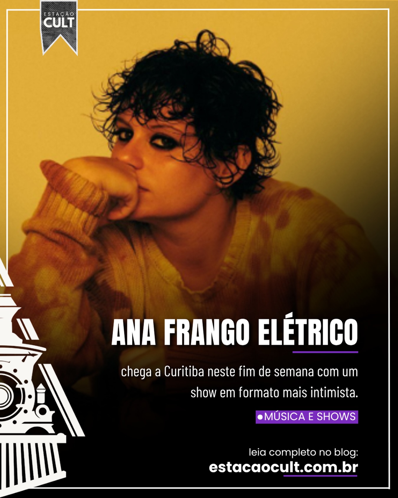 Ana Frango Elétrico estreia show intimista em Curitiba
🎸 Ana Frango Elétrico chega a Curitiba com um show que aproxima ainda mais artista e público.
Nos dias 19 e 20 de setembro, a CAIXA Cultural Curitiba recebe “Ana Frango Elétrico de Bolso”, formato intimista que reúne Ana e o multi-instrumentista Vovô Bebê em quatro apresentações.
Com voz, guitarra e sampler, Ana divide o palco com o contrabaixo de Vovô Bebê em um projeto que circula por diferentes capitais desde 2023 e agora faz sua estreia na capital paranaense.
📍 CAIXA Cultural Curitiba
📅 19 e 20 de setembro
⏰ Sessões às 17h e 19h30
🎟️ R$ 30 inteira | R$ 15 meia-entrada
♿ A sessão das 19h30 de sábado (19) terá interpretação em Libras.
Você já conhecia esse formato mais intimista de Ana Frango Elétrico?
Salve o post para lembrar das datas e compartilhe com quem iria nesse show com você.
🔎 Quer saber todos os detalhes sobre as apresentações e os ingressos? Leia a matéria completa no BLOG DO ESTAÇÃO CULT.
Siga o Estação Cult para acompanhar shows, música e as principais novidades da cultura em Curitiba e região.
📸 | @hickduarte
#anafrangoeletrico #curitiba #musicabrasileira #showscuritiba #estacaocult