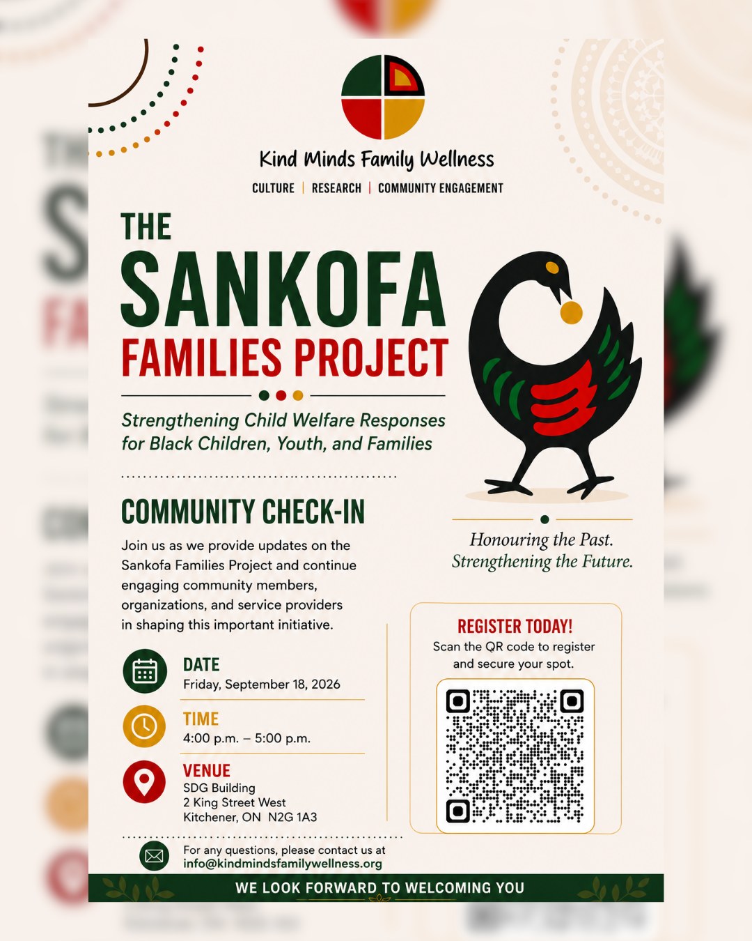 Join Kind Minds Family Wellness for the Sankofa Families Project Community Check-In, an opportunity to learn about the project, share perspectives, and be part of this important initiative to strengthen child welfare responses with Black children, youth and families in Waterloo Region.
📅 September 18, 2026 | 4:00 to 5:00 p.m.
📍 SDG Building, Kitchener
🔗 Register today at: https://forms.gle/ciASfeJsXusmHNFf8
@kind.minds.family.wellness