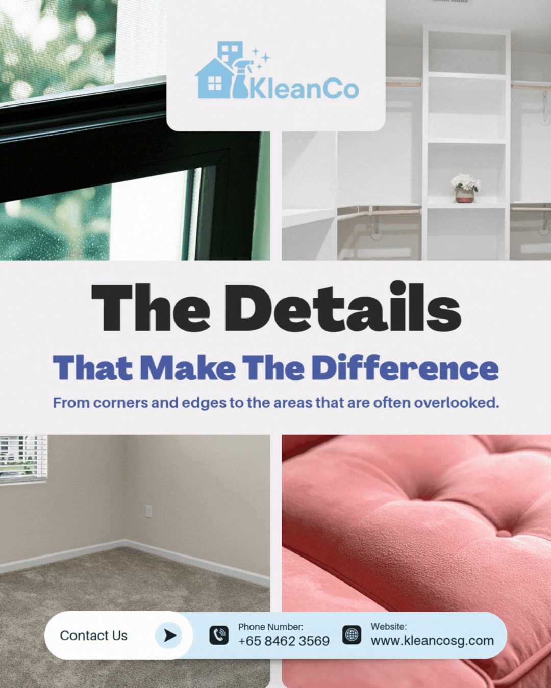 A truly clean space is all about the details. ✨
It's not just about what you notice at first glance. Corners, edges, window tracks and other overlooked areas can collect dust and dirt over time.
At KleanCo, we believe a thorough clean means paying attention to the details that are easy to miss, so your space feels just as clean as it looks.
Because sometimes, it's the little things that make all the difference.
📩 Leave the details to KleanCo.
#KleanCoSG #ProfessionalCleaning #DeepCleaning #CleaningServicesSingapore #HomeCleaning #CleaningDetails #CleanSpace