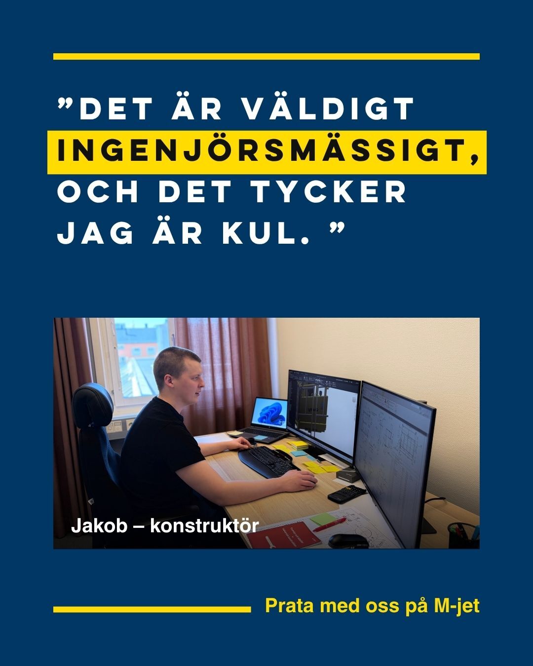 ”Lyftok? Är inte det ganska tråkigt att konstruera?”
Vi frågade en av våra konstruktörer.
”Det är väldigt ingenjörsmässigt, och det tycker jag är kul. Man får börja med ett problem och följa det hela vägen till färdig produkt. Förstå förutsättningarna, räkna, dimensionera och hitta kompromisser. Sedan följer man konstruktionen vidare genom tillverkningen och till slut provlyft och ser till att allt fungerar som det ska innan leverans.”
– Jakob (konstruktör)
Vill du höra mer om vad jobbet faktiskt innebär?
Kom och träffa våra konstruktörer på M-jet i Luleå den 30 september. Där kan du också prata med oss om x-jobb med start i januari.
Tipsa gärna en kursare som gillar maskinkonstruktion och problemlösning!
PS: Just nu söker vi två maskinkonstruktörer. Läs mer på vår karriärssida lyftnord.se/karriar
🔗 Länk i bio.