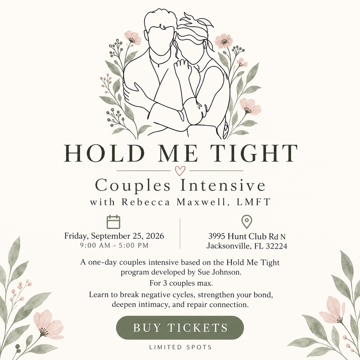 Reconnect. Reset. Remember you’re on the same team. 🤍
Join Rebecca Maxwell, LMFT for the Hold Me Tight Couples Intensive on September 25 in Jacksonville. This one-day experience is designed to help couples break negative cycles, deepen connection, and strengthen their bond.
Limited to just 3 couples.
Reserve your spot at jacksonvillecounseling.net/hmtevents
