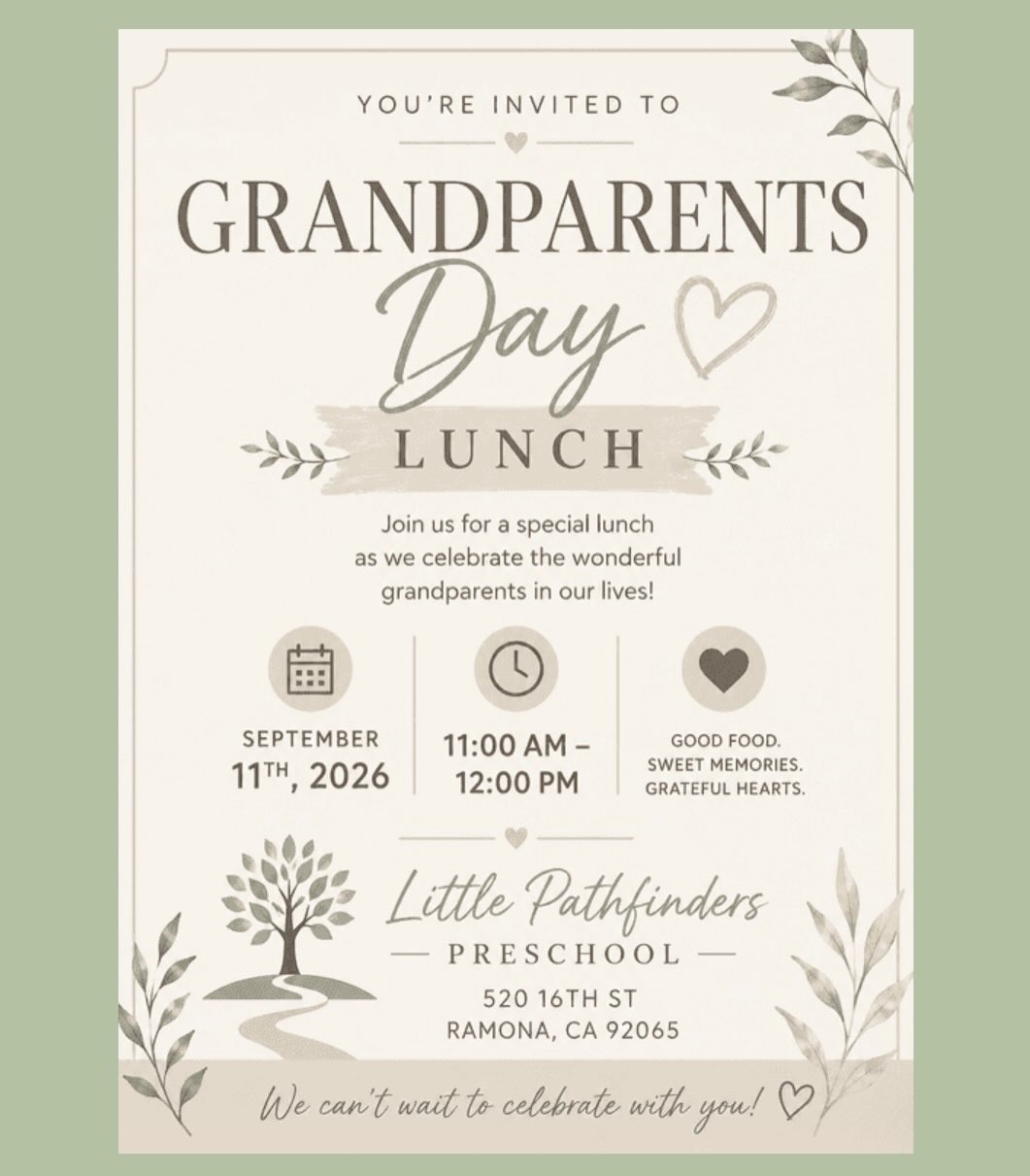 Some of the sweetest memories are made around the table. 🤍
Our annual Legacy Luncheon is one of the most special days of the year. It’s a time to celebrate the grandparents and loved ones who help shape our children’s stories, traditions, and sense of belonging.
There is something so beautiful about watching generations come together, sharing lunch, laughter, stories, and a little piece of childhood.
To the grandparents who joined us: thank you for the love you pour into these little lives and for the legacy you continue to build. 🌿
A beautiful day celebrating the people who came before us and the little ones carrying their love forward. 🩵