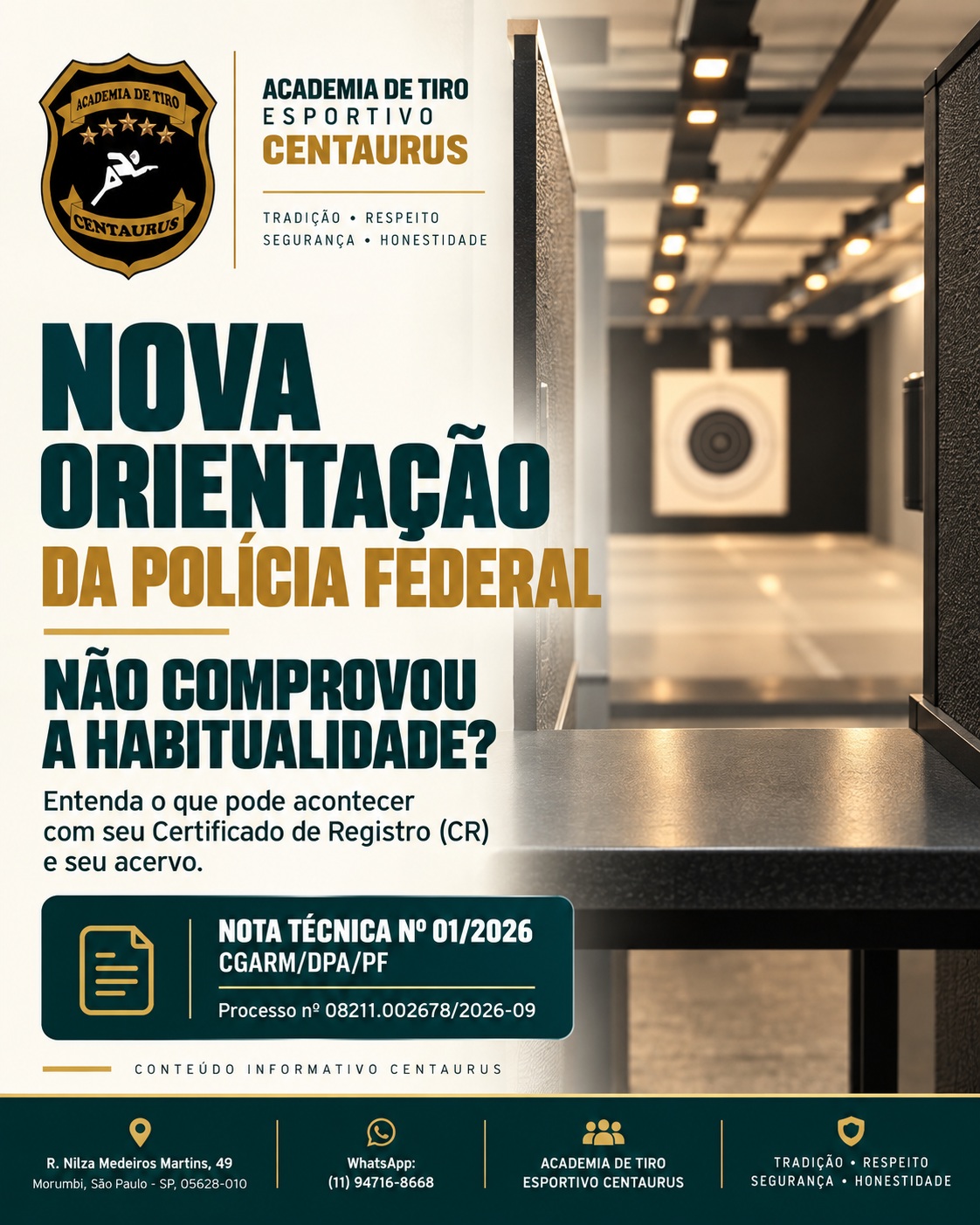 HABITUALIDADE: o que muda com a nova orientação da Polícia Federal? 🎯
A Nota Técnica nº 01/2026 — CGARM/DPA/PF trouxe esclarecimentos importantes sobre a comprovação de habitualidade do atirador desportivo.
Entre os principais pontos estão a possibilidade de reenquadramento de nível, a adequação do acervo quando necessária e as consequências da não comprovação da habitualidade mínima.
A Nota também esclarece que outras atividades regularmente apostiladas no mesmo CR não são automaticamente canceladas, desde que seus próprios requisitos continuem sendo atendidos.
👉 Confira no carrossel os principais pontos.
📑 Precisa de ajuda com sua documentação?
A Centaurus possui serviço de despachante para auxiliar com CR, autorização de compra, emissão e renovação de CRAF, apostilamentos e outros procedimentos.
📲 (11) 94716-8668
📍 Morumbi — São Paulo/SP
#centaurus #tiroesportivo #atiradordesportivo #habitualidade #CR #CRAF #cac #despachantecac #tiroesportivosp #sāopaulo