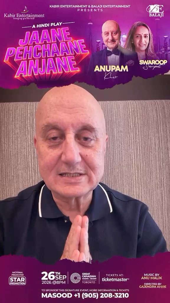 So delighted to partner with @kabir.entertainment & @balajientertainmentcanada to bring @anupampkher to Toronto at The Great Canadian Casino Resort Toronto on September 26 2026!
This is going to be a delightful play titled "Jaane Pehchaane Anjane" where you can see one of the legends of the #Bollywood film live in person displaying his best work! This is a real treat and honour for any fan of the arts!
Tickets are available now on TicketMaster! Singh family will see you there at the show to live #thebollywedlife! 🥂 🎞️ 🍿
#livetheater #anupamkher #bollywed