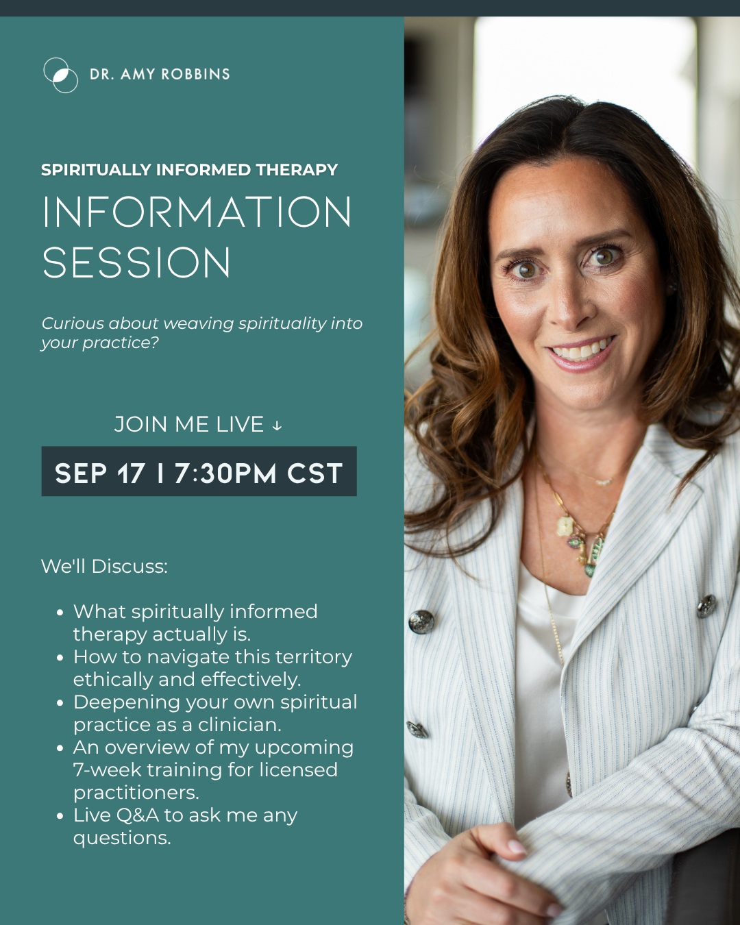 Today. Free. Live with me.
If you've been sitting with the question of how to bring spirituality into your clinical work — ethically, confidently, and in a way that actually serves your clients — this is your next step.
I'm hosting a free info session today, September 17 at 7:30pm CST, and I'd love to have you there.
We'll get into:
→ What spiritually informed therapy actually is
→ How to navigate this territory ethically and effectively
→ How to deepen your own spiritual practice as a clinician
→ An overview of my 7-week training for licensed practitioners
→ A live Q&A — bring your questions, I'll bring the answers
Also, hear from a course graduate about the impact this work has had on their practice.
The Fall Cohort kicks off October 5, and spots are limited. This session is the best place to get a feel for the work and decide if it's right for you.
Comment SESSION below, and I'll send you the registration link.
#spirituality #spiritualtherapist