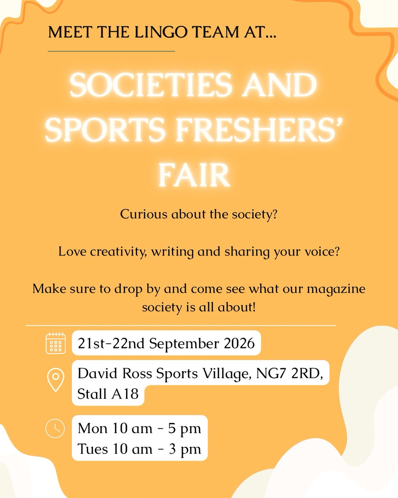 Fresher’s Fair 2026-27 is coming up! If you’re interested in our society make sure to drop by at Stall A18 in David Ross Sports Village and say hello 😊
Also, make sure to follow us up on TikTok as well, new content will be coming soon 👀 username: lingomag_