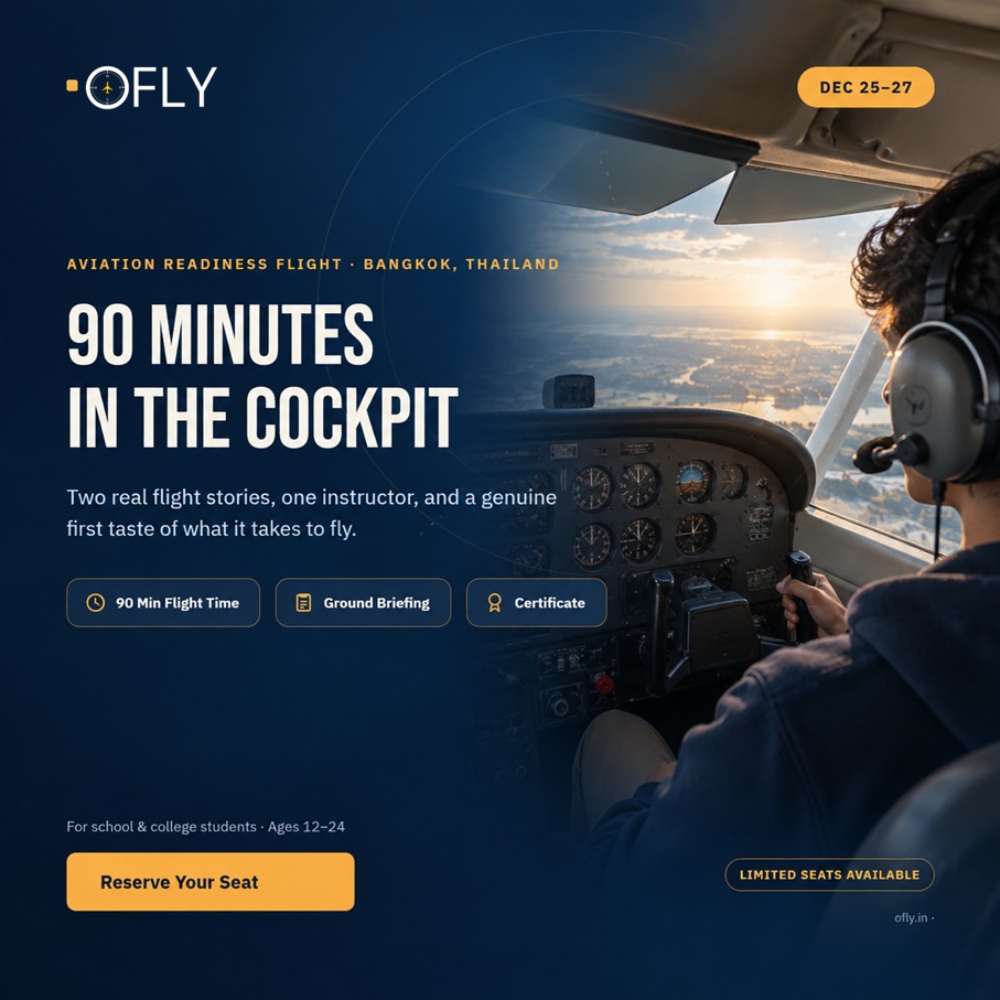 ✈️ 90 minutes. Two real flight sorties. One unforgettable first step into aviation.
Our December Aviation Readiness Flight (ARF) batch is open
Dec 25–27 in Bangkok, Thailand.
Here's what's included:
🛩️ 90 minutes of real flight time across two sorties
📋 Full ground briefing before you fly
🎓 Certificate on completion
Open to school & college students, ages 12–24. Whether you're flight-curious or already dreaming of the cockpit, this is where it starts.
Seats are limited for this batch - DM us or visit ofly.in to reserve yours.
#OFLYAviation #AviationReadinessFlight #FutureAviators #PilotTraining #AviationForStudents #FlightTraining #Bangkok #StudentPilot #AviationCareers #FlyWithOFLY