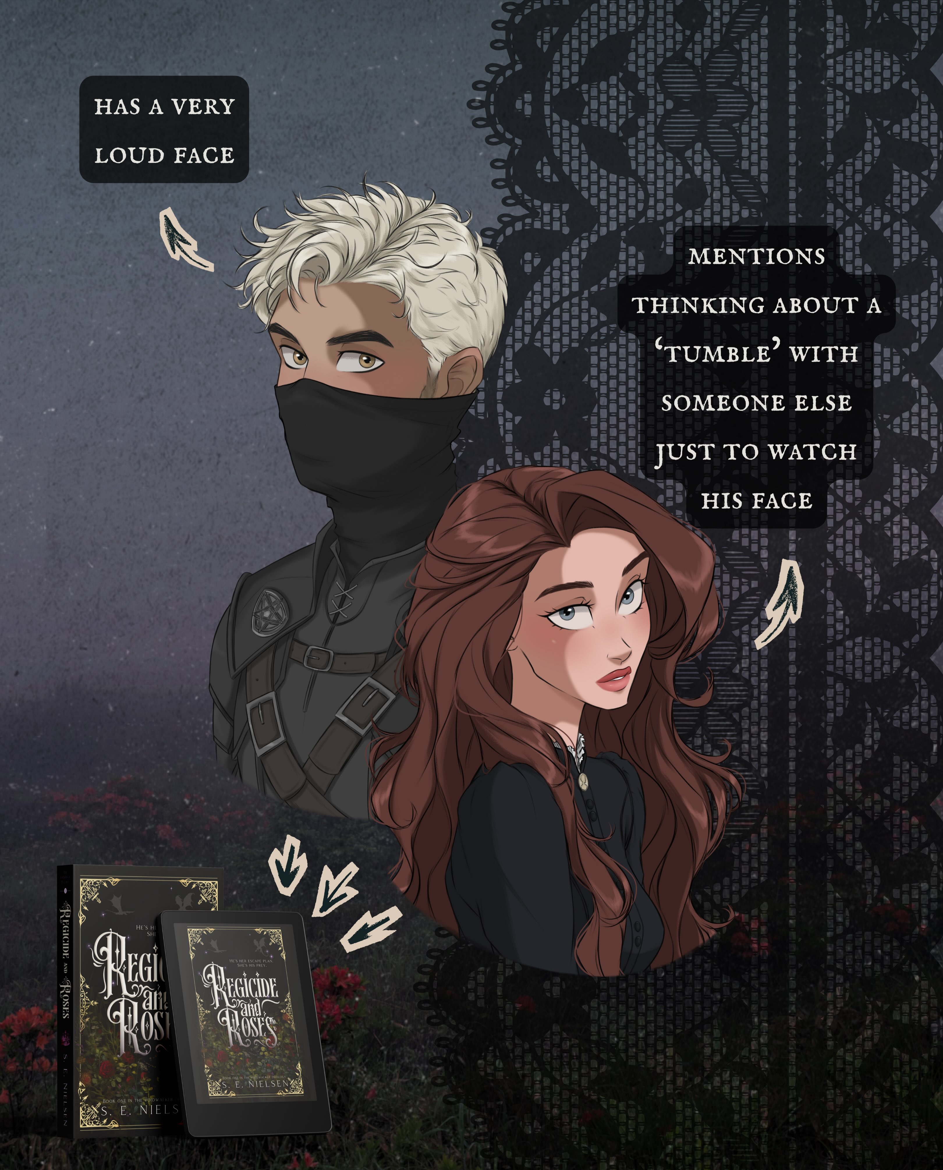 This is only a taste of their fun dynamic! I know you’ll be just as obsessed as I am. Just 26 more days!!!
Comment PREORDER, and I’ll send you the link🖤
If you’re new here👇
_______________
📖Regicide and Roses by S. E. Nielsen
A princess, desperate to leave her kingdom and her royal duty to marry, unknowingly makes a deal with the dark sorcerer sent undercover to 💀 her and her entire bloodline. Get ready for blood, banter, and booby traps 🤘
🖤Forbidden love
🥀Hidden identity
💀Animal companion
🖤Steamy wound tending
🥀”Just this once.”
💀Dark sorcerer x damsel princess
🖤He falls first and harder
🥀Dragons
💀Gothic atmosphere
🖤Open door
Art by @ _shara_art_