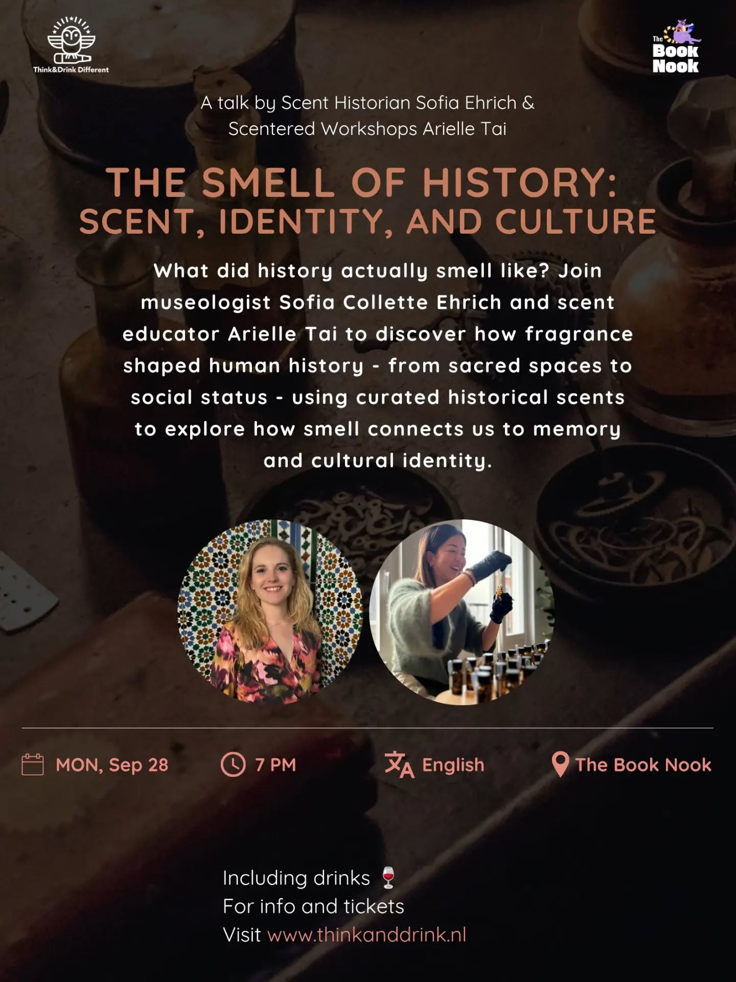 The Smell of History 👃🍷
Join us this Monday for an interactive talk and live scent profiling with olfactory researcher Sofia Collette Ehrich and scent educator Arielle Tai.
📍 The Book Nook, Singel 82, Amsterdam
🗓 This Monday, Sept 28 | Doors open 18:30
🍷 Ticket includes: Talk, interactive scent experience + house drink
⚡ Final seats remaining. Link in bio to grab yours!