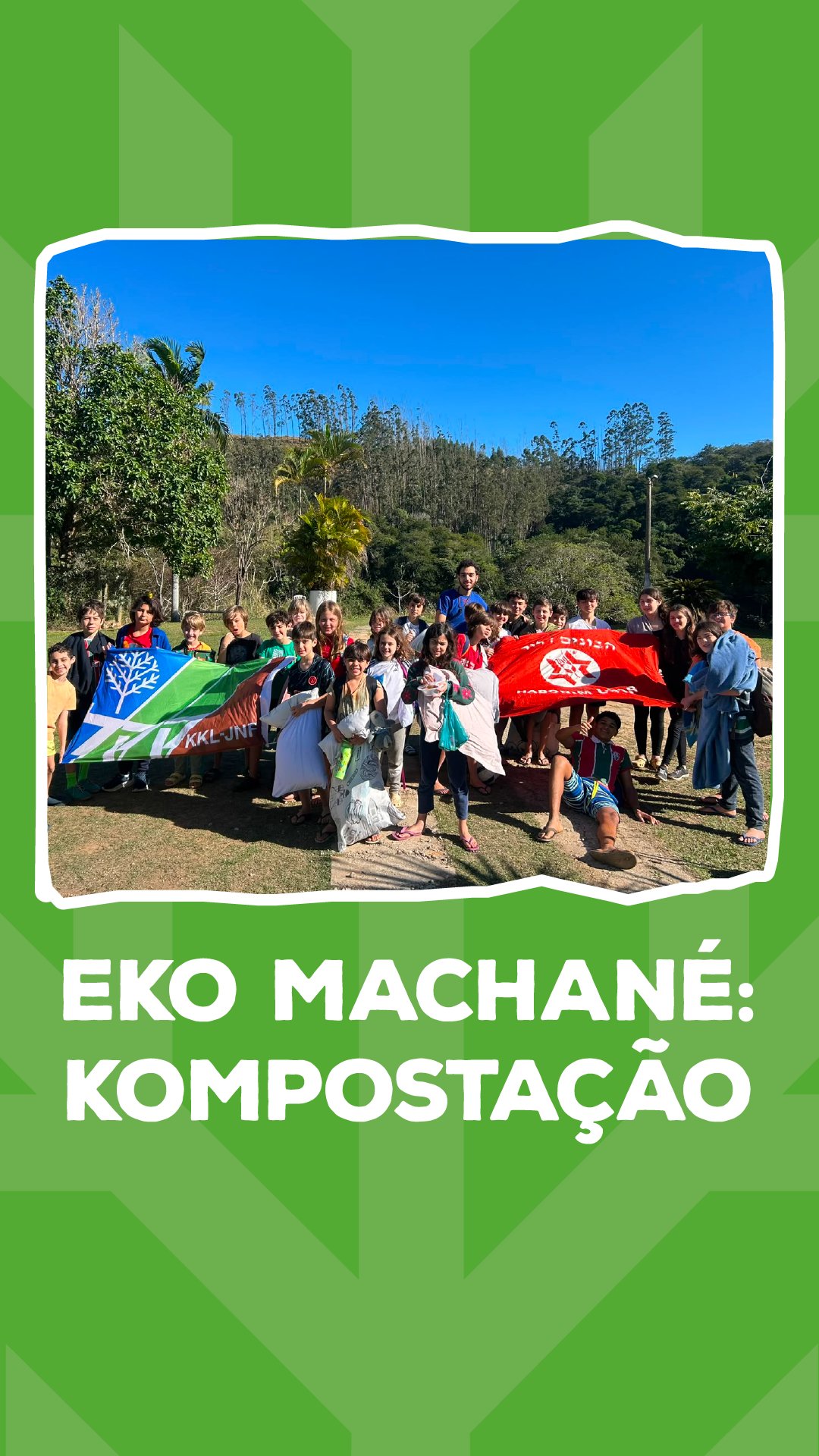 Durante o mês de julho, o KKL Brasil inaugurou a Eko Machané: KompostAção!
Uma iniciativa que mobilizou 8 tnuot de São Paulo e Rio de Janeiro, a KompostAção incentivou os jovens a colocarem a mão na massa e reduzirem o desperdício alimentar durante as machanot de inverno.
Por meio de pesagens diárias de alimentos durante a machané, e por uma parceria com empresas de compostagem, todo alimento desperdiçado nas machanot foi compostado industrialmente e transformado em adubo.
Além de conscientizar sobre desperdício, o projeto mostra a beleza de se pensar em sustentabilidade como uma ciência cíclica: da comida em nossa mesa, à composteira, ao adubo que faz crescer nossas plantas, devolvendo à natureza a energia e os recursos que usamos.
Parabéns a todas as tnuot que toparam participar desse grande desafio com a gente!
#KKLBrasil