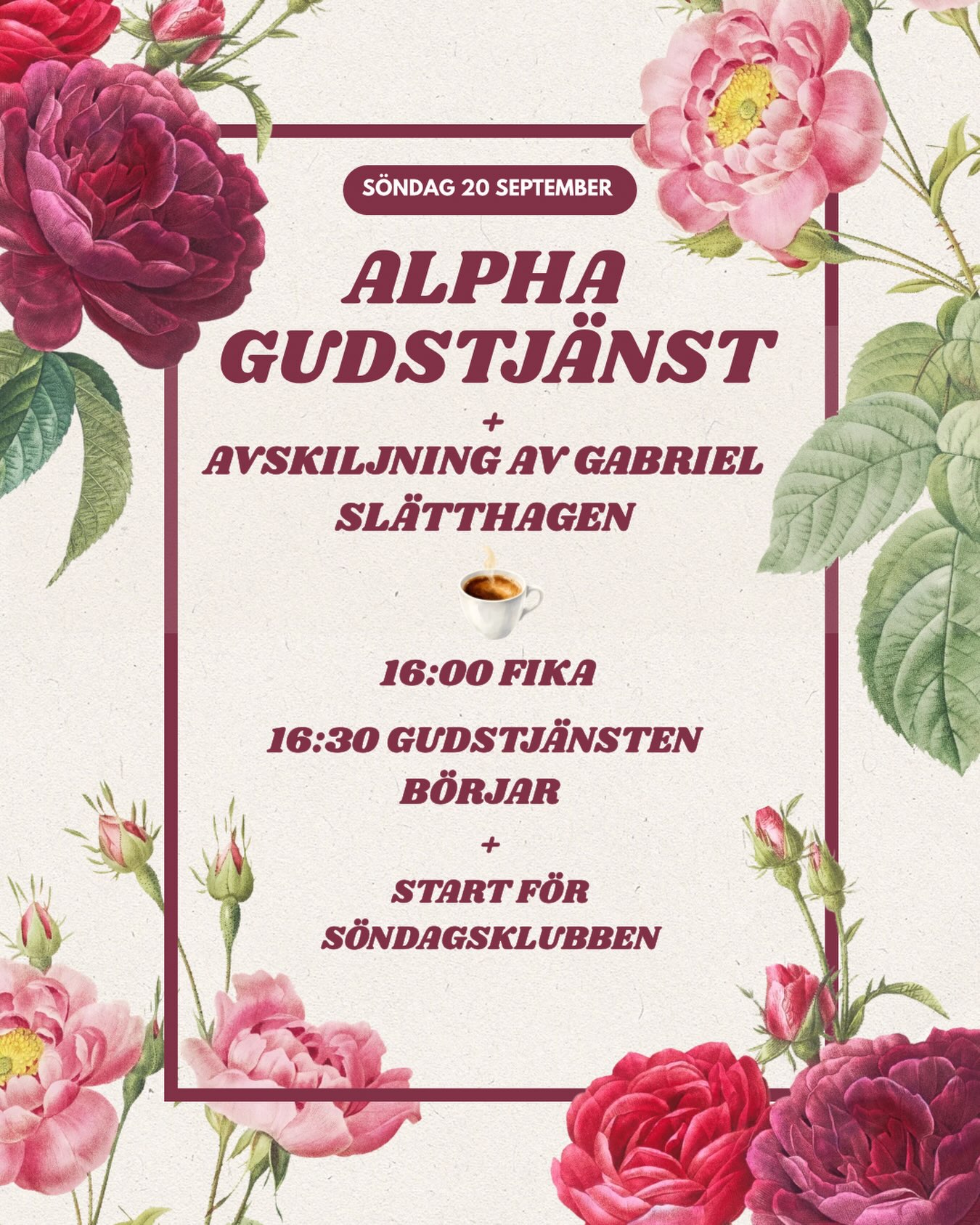 Välkommen till Gudstjänst i Gränna pingst nu på Söndag! Det kommer vara en Alpha Gudstjänst vilket innebär att upplägget är utifrån Alpha kursen! Vi kommer även att ha avskiljning av vår nya ungdomspastor Gabriel Slätthagen. Utöver detta är det även terminstart för söndagsklubben! En söndag fylld av glädje! Kom och fira Gudstjänst med oss!