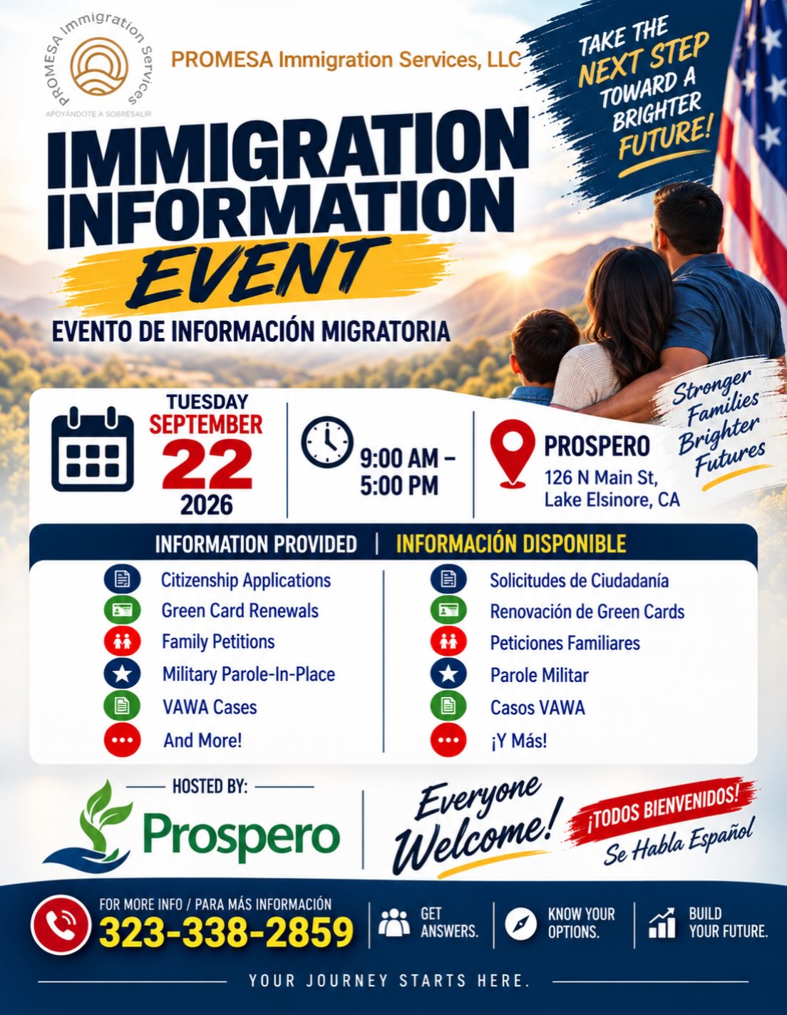 🇺🇸 ¿Tiene preguntas sobre inmigración y no sabe por dónde comenzar?
En Prospero queremos que nuestra comunidad tenga acceso a información, orientación y recursos que le ayuden a tomar decisiones con mayor confianza. 🌱
Hoy, martes 22 de septiembre, recibimos en nuestro Centro de Prosperidad a PROMESA Immigration Services para un Evento de Información Migratoria abierto a nuestra comunidad.
Podrá recibir información sobre temas como solicitudes de ciudadanía, renovación de Green Cards, peticiones familiares, Parole Militar, casos VAWA y más.
📅 Hoy, martes 22 de septiembre
⏰ 9:00 AM – 5:00 PM
📍 Prospero — 126 N Main St., Lake Elsinore, CA
📞 323-338-2859
🗣️ Se habla español
No tiene que navegar estos procesos solo. En Prospero creemos que cuando una familia tiene información, apoyo y opciones, puede tomar mejores pasos hacia su futuro.
💚 Todos son bienvenidos.
Si conoce a alguien que pueda beneficiarse de esta información, por favor comparta esta publicación con ellos.
Prospero 🌱
Cultivando prosperidad en nuestra comunidad.