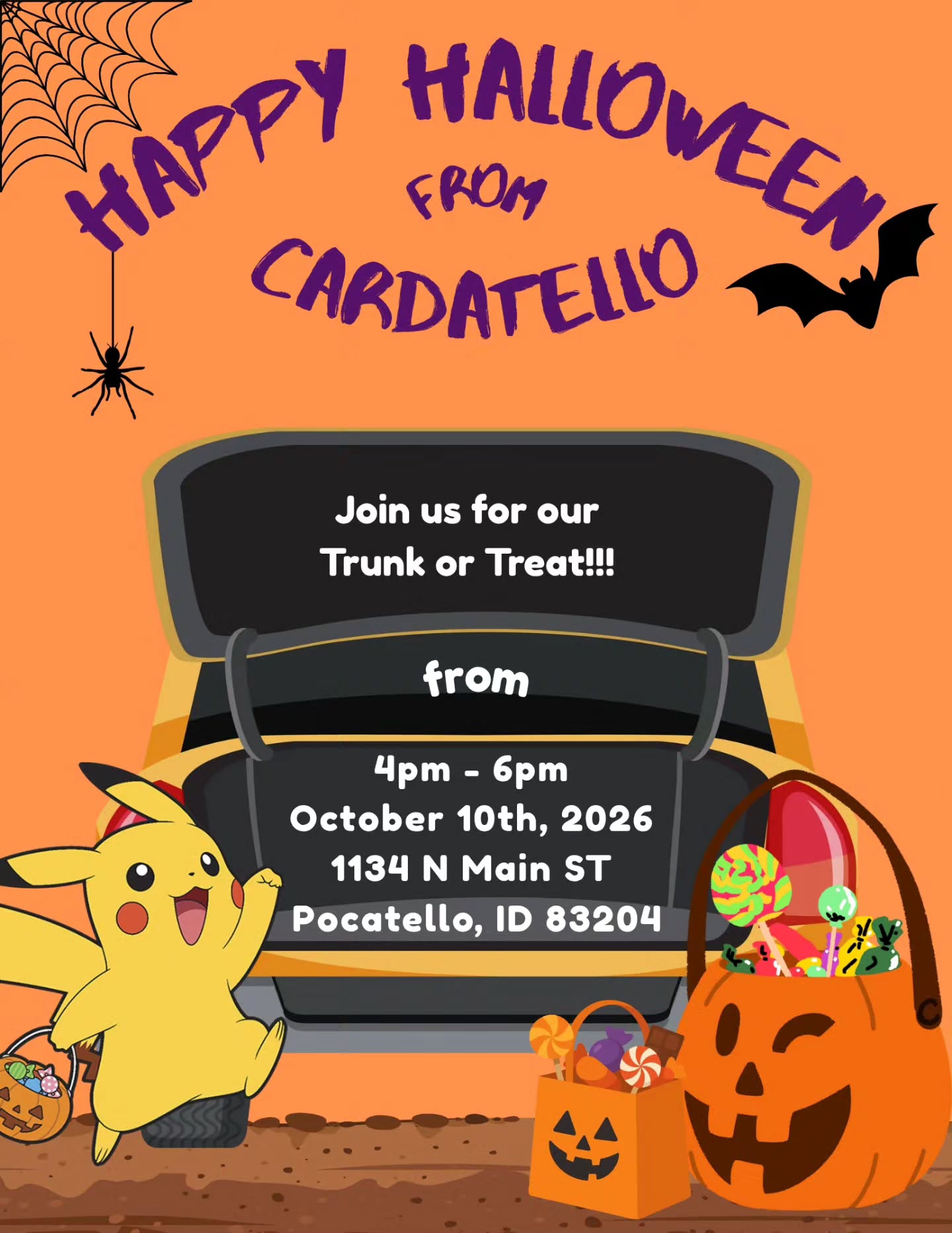 Join us on Saturday October 10th from 4pm to 6pm for our annual trunk or treat! We will have lots of candy and treats to give out! Wear your best costume to be entered into our raffle!!! Can't wait to see you all there!!
.
.
.
#pocatelloevents #trunkortreat #pokemon #Pocatello