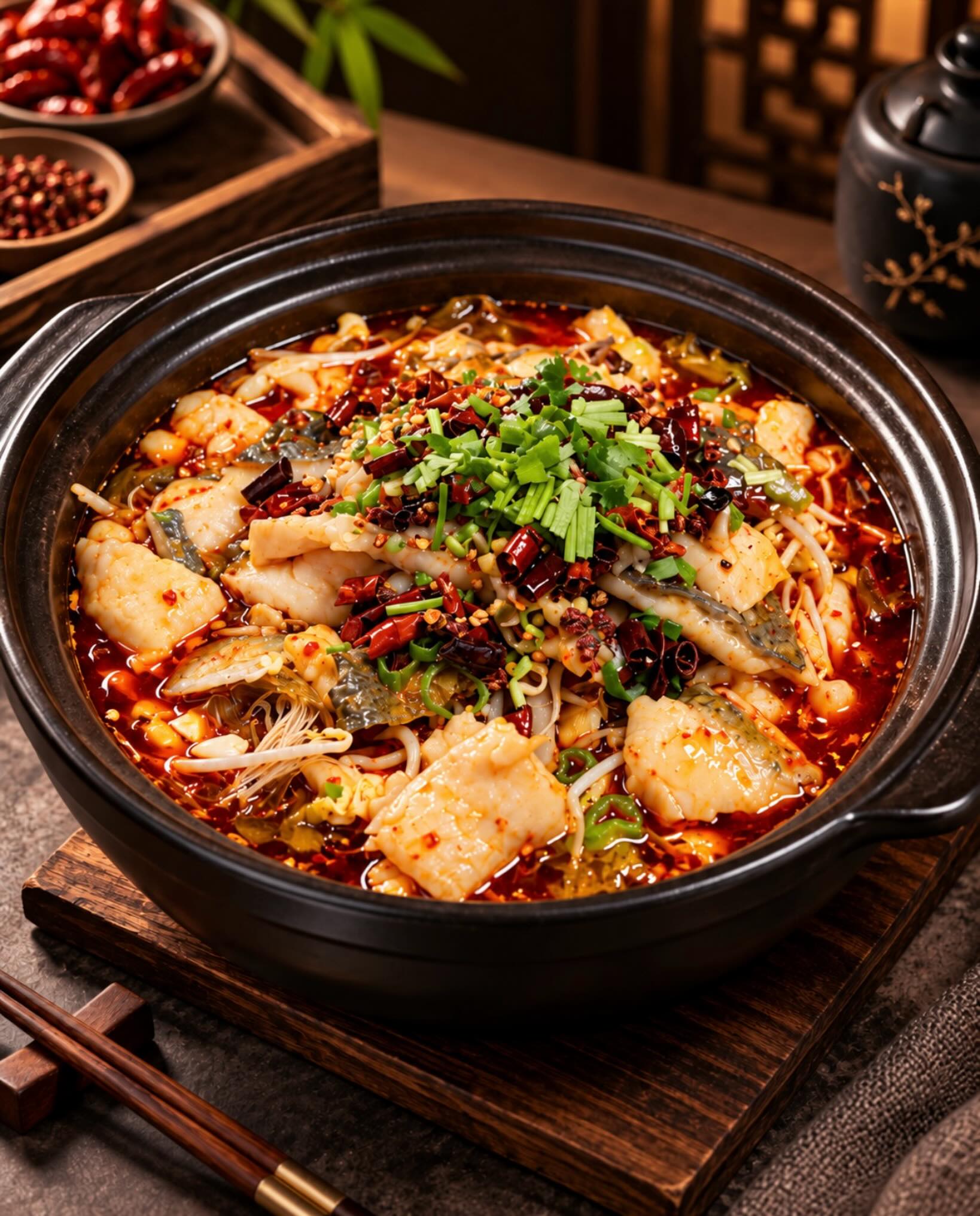 Wolfsbarsch nach Sichuan-Art.
Fein geschnittener Wolfsbarsch in einer tief aromatischen Chili-Infusion, veredelt mit Sichuanpfeffer, getrockneten Chilis und frischen Kräutern. Ausdrucksstark, elegant und präzise balanciert.
Sichuan-style sea bass.
Delicately sliced sea bass in a deeply aromatic chili infusion, finished with Sichuan peppercorns, dried chilies and fresh herbs. Bold, elegant and precisely balanced.
#Wolfsbarsch #SeaBass #SichuanCuisine #FineDining #FoodPhotography