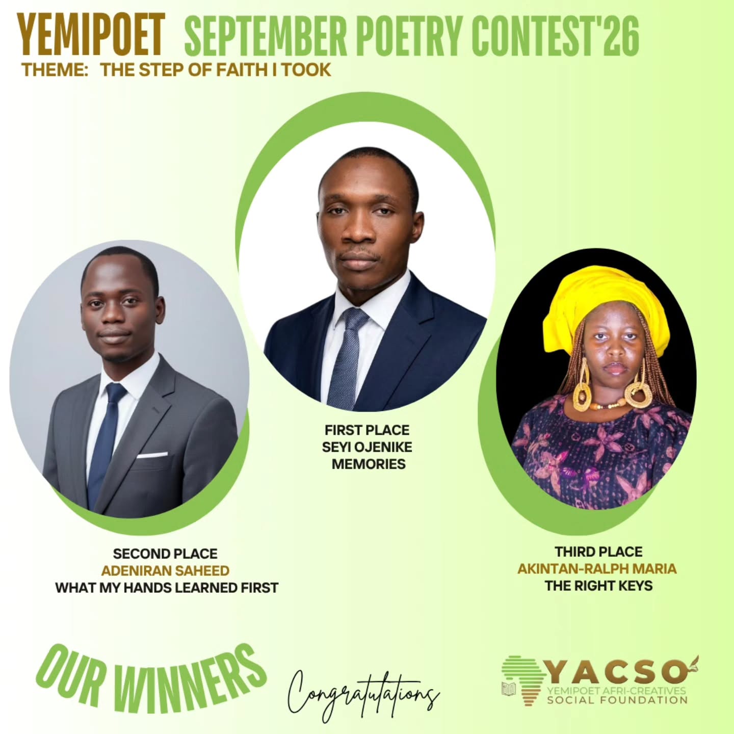 A huge congratulations to our September 2026 Winners! Thank you to everyone who participated, and a special thank you to our judges for carefully reviewing every entry.
To everyone who submitted, keep writing, keep creating, and keep believing in your gift!
For our next month contest, we’re inviting individuals, brands, and organizations to partner with us. Sponsoring from as little as 100k comes with meaningful benefits, including visibility, brand exposure, and the opportunity to support and empower emerging literary voices.
FCMB Account: 2007458393
Account Name: Yemipoet Afri-Creatives Social Foundation
Every contribution helps us create bigger opportunities for writers and poets.
Thank you for being part of the journey.
See you next month!
#yemipoet #poetrycontest #Nigerianpoets #yacsofoundation #poetrycommunity