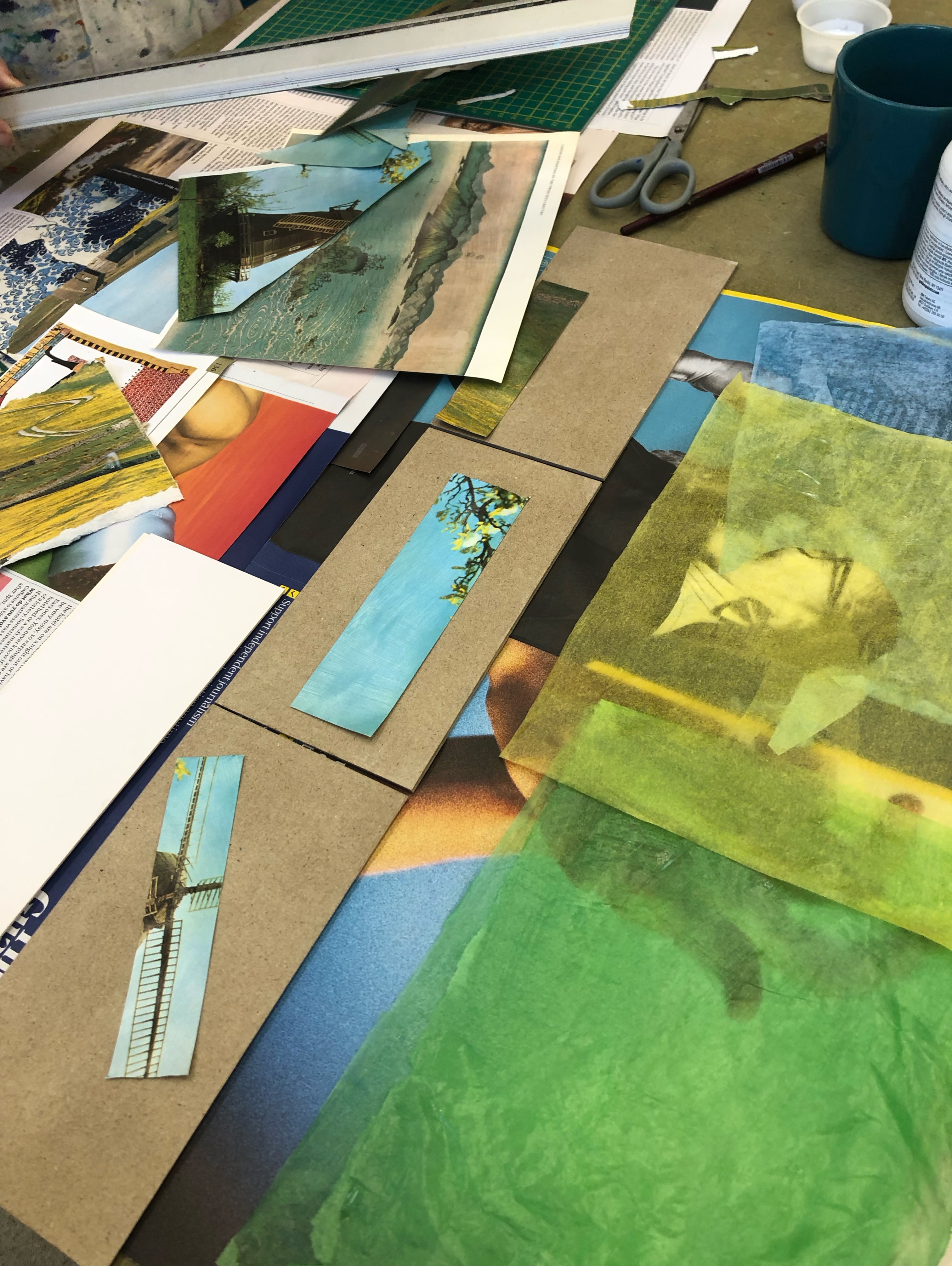 Our first Collage only (no screenprint) workshop is happening today. We’re already up to our necks in paper and acrylic medium and wheat paste, which is just how I like it!
