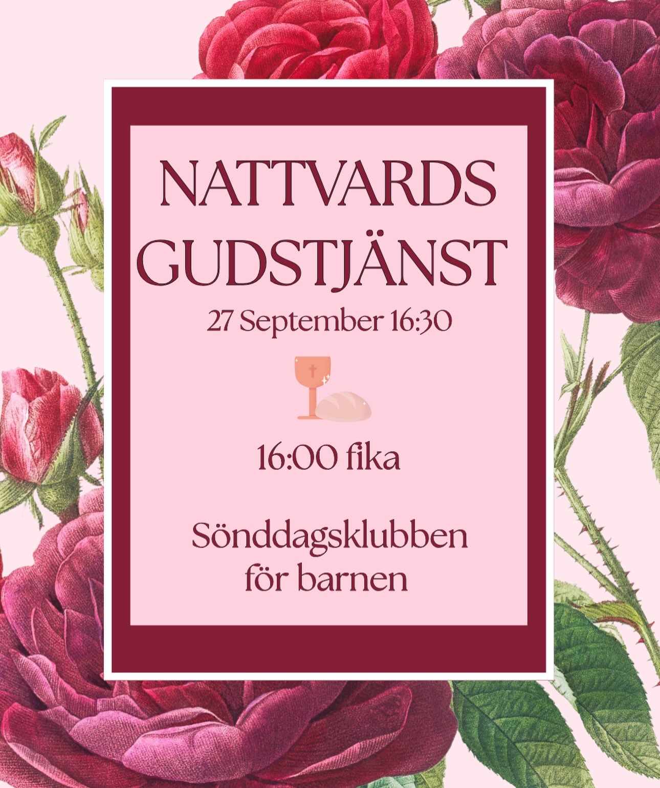 Välkommen till nattvardsgudstjänst! Vi möts för gemenskap, lovsång, undervisning, bön och vi firar nattvard tillsammans.
Det finns även söndagssklubben för barnen.