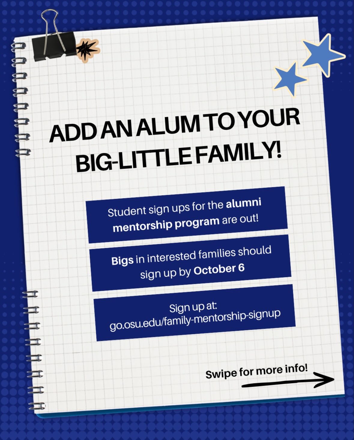 Do you want to add an alumni mentor to your big little family? If so, bigs should fill out this form to sign-up for the alumni mentorship program by October 6th! Contact Calista France.169 if you have any questions.