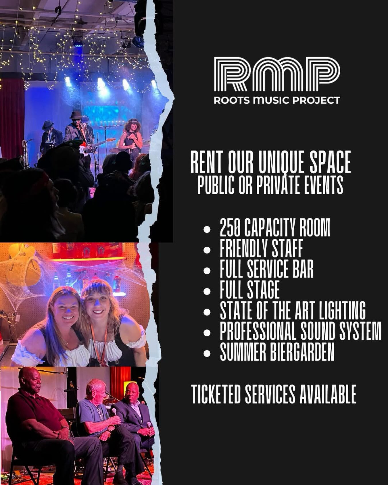 π Looking to host a public or private event in the beautiful town of Boulder, Colorado? Look no further! Roots Music Project is the perfect venue for concerts, album release parties, weddings, corporate events, and private parties. πΈπ€ Our Events Manager, Matt Cottle, can assist you in creating and implementing your vision. Our space includes: 250 Capacity Room π Friendly Staff π Full Service Bar πΈ Full Stage πΆ State of the Art Lighting and Sound System π‘π Summer Biergarden π» Ticketed services and per person catering options available upon request. Make your location one less thing to worry about. Roots Music Project is a 501(c)(3) non-profit local music incubator in Boulder, Colorado.
.
.
.
#RootsMusicProject #musicevent #rentalspace #rent #musicvenue livemusic