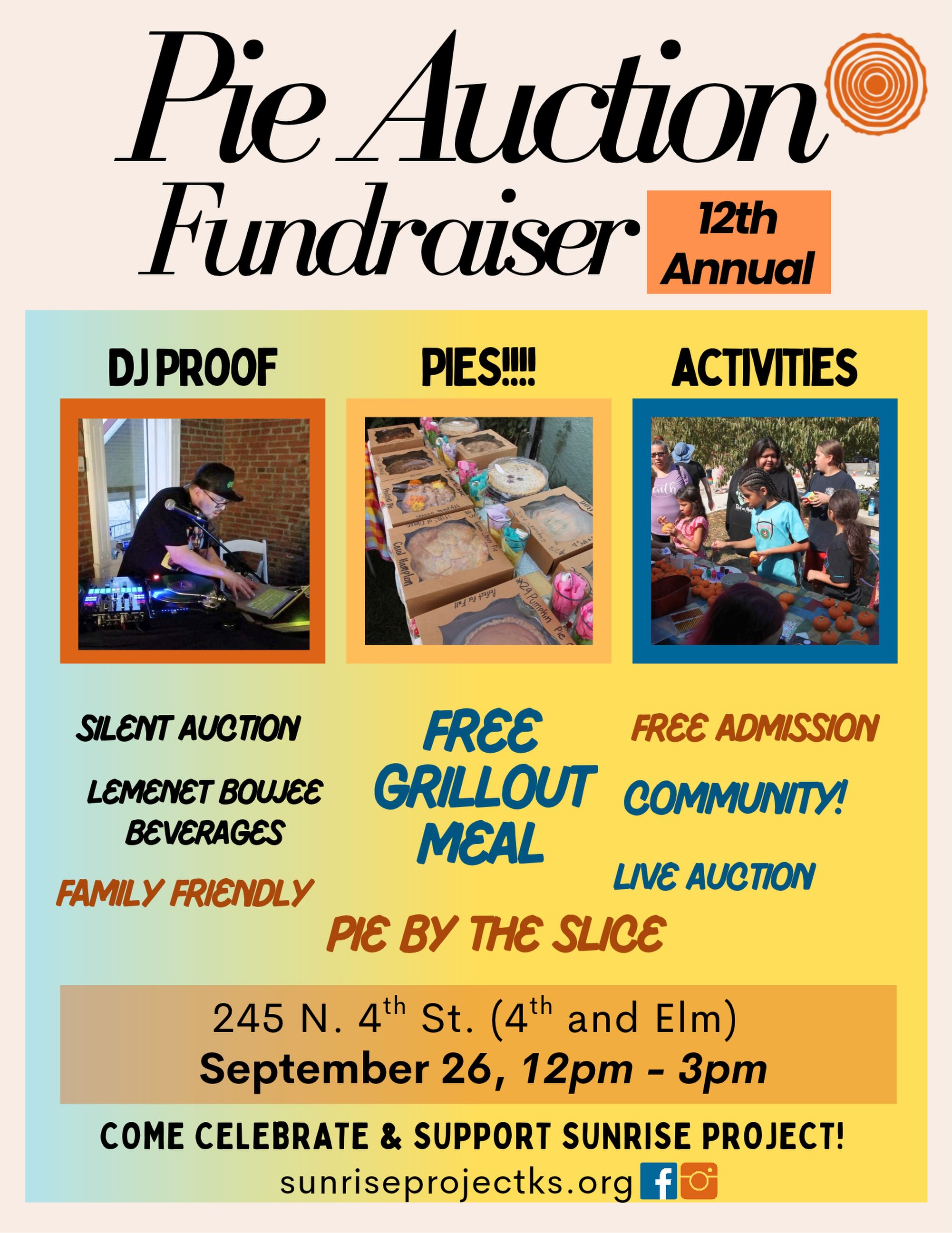 We are looking forward to pies, grill out, community, fun, music and so much more!!! Our 12th Annual Pie Auction Fundraiser is tomorrow 12-3pm. Due to rain and lightning in the forecast, we are hosting at our site!!! 245 N. 4th St. (4th and Elm)!! See you sooooon!!!
