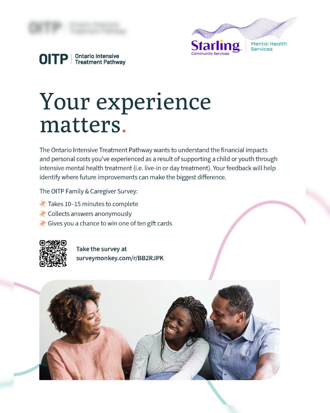 Have you supported a child or youth through intensive mental health treatment? The Ontario Intensive Treatment Pathway (OITP) is inviting caregivers to share their experiences to help better understand the personal and financial impacts families face while supporting a child or youth through treatment.
✅ Anonymous survey (10-15 minutes)
✅ Help inform future planning and supports for families
✅ Chance to win 1 of 10 gift cards
📅 Survey closes October 9
👉 Complete the survey: https://www.surveymonkey.com/r/BB2RJPK
#MentalHealth #ChildAndYouthMentalHealth #CaregiverVoices #FamilySupport #OntarioHealth