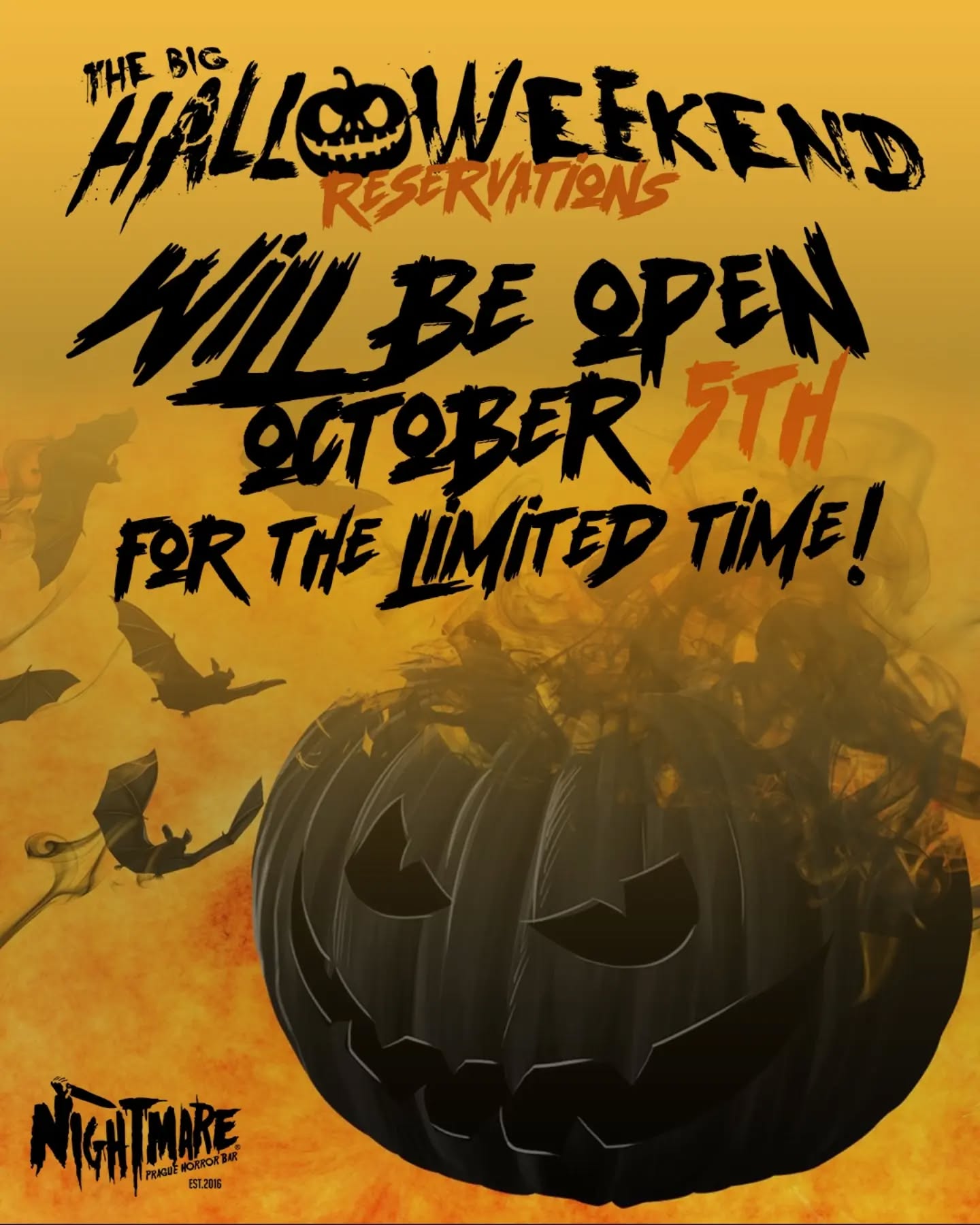 Hello everyone! We would like to thank you all for enormous interest in Nightmare Bar during the Halloween season every year!
As much as we would love to accomodate all the people who want to celebrate Hallows eve in our bar, unfortunately it's just not possible. Due to the very high demand (and our low capacity) this year we made a decision that we are going to open reservation window for the Halloween night on October 31st for a limited time only.
Reservations will be taken on October 5th from 12pm till 12am, and we will be accepted on the "first come, first served" basis untill the bar's capacity is full.
IMPORTANT! Please do not use our reservation form this time but wrIte your request directly to nightmarebarbooking@gmail.com instead!
Thank you for your understanding and we are looking forward to celebrating the best holiday of the year together with you! 🎃🔪
Yours horrifyingly,
Nightmare Bar Team