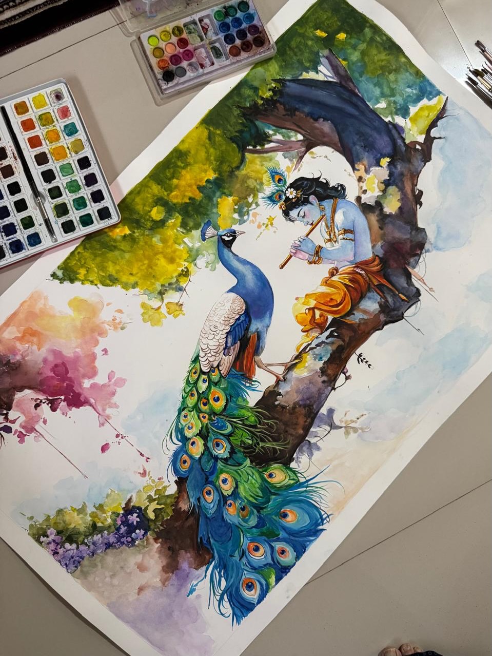 FINISHED this custom made beautiful watercolor painting 10 days back!
🤍
#watercolours #krishna #peacock #watercolorartist #artcanvasdesignstudio