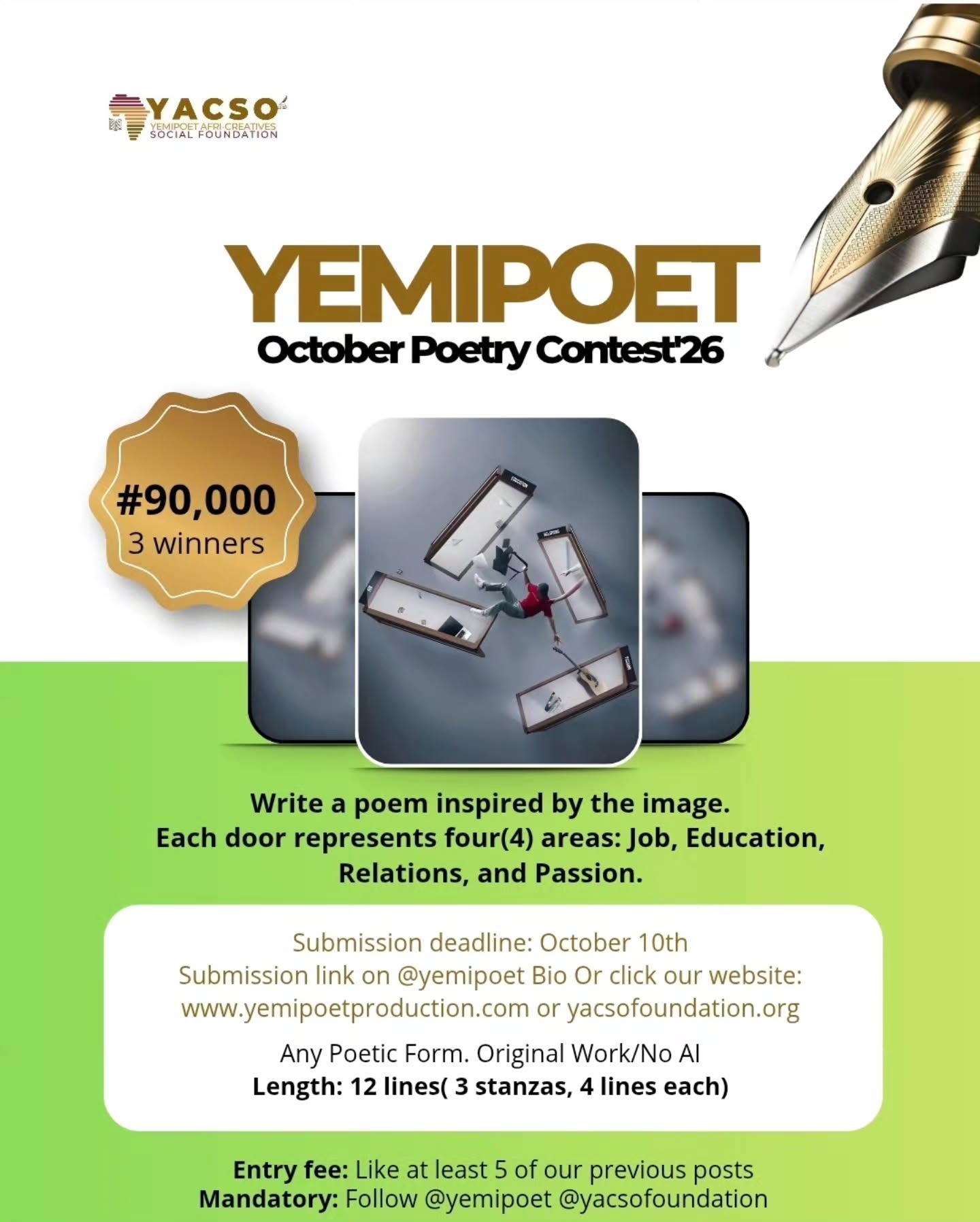 Welcome to the Yemipoet October Poetry Contest 2026! This month's contest invites poets from all walks of life.
Our theme for this month is an image.
Sometimes, the hardest part is not having many things to love, but having to be present in all of them at once. Therefore, we position them strategically around us, giving each a piece of ourselves, until balance slips, focus becomes an afterthought, and productivity is left hanging in the air.
Write and lets read!
#yemipoet #balance #yacsofoundation #poetrycontest #poetrycommunity