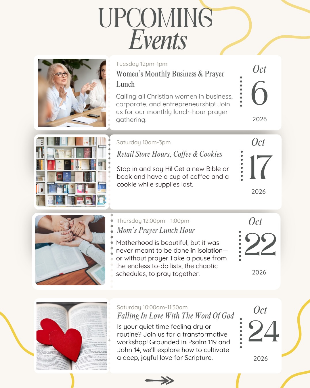 Mark your calendar and save your spot for our October lineup:
💼 Women’s Monthly Business & Prayer Lunch
📅 Tuesday, Oct 6 | 12:00 PM – 1:00 PM
Step away from the inbox for an hour to pray over your career, business, and leadership alongside a community of like-minded Christian women.
👶 Mom’s Luncheon & Prayer
📅 Thursday, Oct 22 | 12:00 PM – 1:00 PM
Motherhood wasn’t meant to be done in isolation. Pause the busy schedule and join other moms as we lay our children, families, and hearts at the feet of Jesus.
📖 Fall In Love With The Word Of God (Workshop)
📅 Saturday, Oct 24 | 10:00 AM – 11:30 AM
Is your quiet time feeling routine? Grounded in Psalm 119 and John 14, this transformative morning workshop will help you cultivate a deep, joyful love for Scripture.
🔥 Pursuing His Presence: Monthly Prayer Night
📅 Tuesday, Oct 27 | 6:00 PM – 7:00 PM
Come expecting the miraculous! We’re gathering with one heart and one focus: seeking God’s power and presence together.
✝️ Fall-O-Ween Jesus
📅 Saturday, Oct 31 | 10:00 AM – 3:00 PM
Choose Light over darkness! Bring the whole family by for a free candy bar (while supplies last), a blessing, and the truth that Jesus reigns! We don’t celebrate Halloween—we celebrate JESUS! ✝️✨
🕊️Restored Hope - A Christian Women’s Conference
Saturday November 7th | 10:00am - 3:30pm
Join us on Saturday, November 7th for Restored Hope, a powerful one-day women’s conference designed to help you release what’s holding you back and step into the hope that we have in Christ.
📍 Location: Illuminate The Truth | 18 8th St S, Fargo, ND
🎟 RSVP / Tickets: Click the link in our bio to save your spots!
Tag a friend who needs to join you this month! 👇
A disclaimer that all ministry content, prayer ministry, Bible studies, and educational materials are provided for spiritual and educational purposes and are not medical, mental health, legal, or financial advice.
All tickets are non-refundable.
