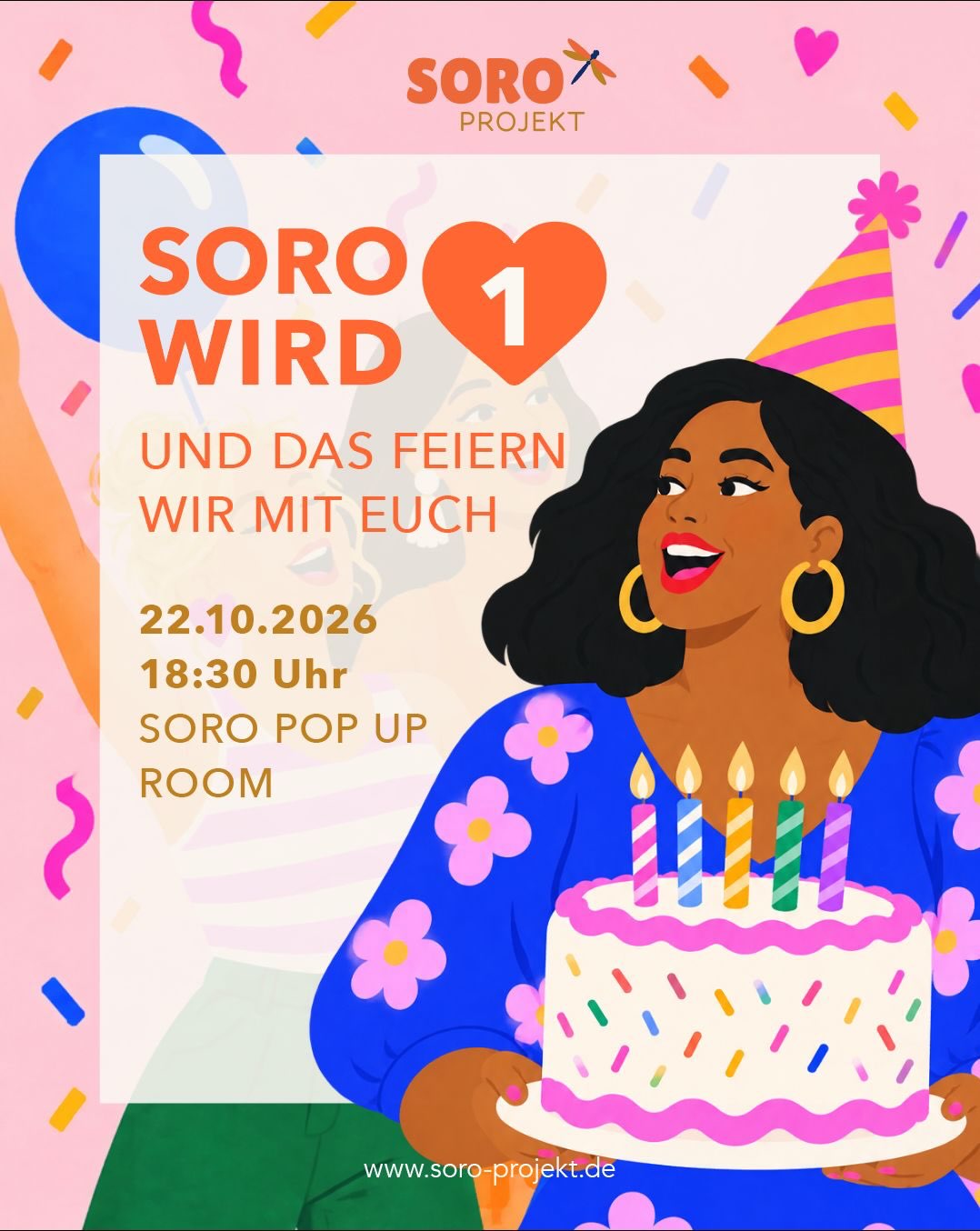 SORO wird 1! 🎂🧡 Und das feiern wir mit euch.
Am 22. Oktober wird unser Community-Treffen zur kleinen Geburtstagsparty. Wir schauen gemeinsam auf ein Jahr voller SORO Momente zurück, gestalten mit Franziska ein Mosaik, das bei SORO bleiben wird, und feiern bei Geburtstagstorte, Drinks, Musik und etwas Leckerem zu essen. 🥂
Vor allem aber gibt es ganz viel Zeit zum Wiedersehen, Kennenlernen, Quatschen und gemeinsamen Feiern.
Und egal, ob du schon ganz oft bei SORO warst oder uns an diesem Abend zum ersten Mal besuchst: Du bist eingeladen. 🧡
📍 SORO POP UP ROOM · Wiesloch
📅 22.10. · 18:30 Uhr
🎟️ Early Bird 25 € · regulär 29 €
👯 Freundinnen-Ticket 45 € für zwei
Schnapp dir deine Lieblingsfrau und feiert mit uns!
#soroprojekt #wiesloch #frauencommunity #frauenuntereinander #rheinneckar