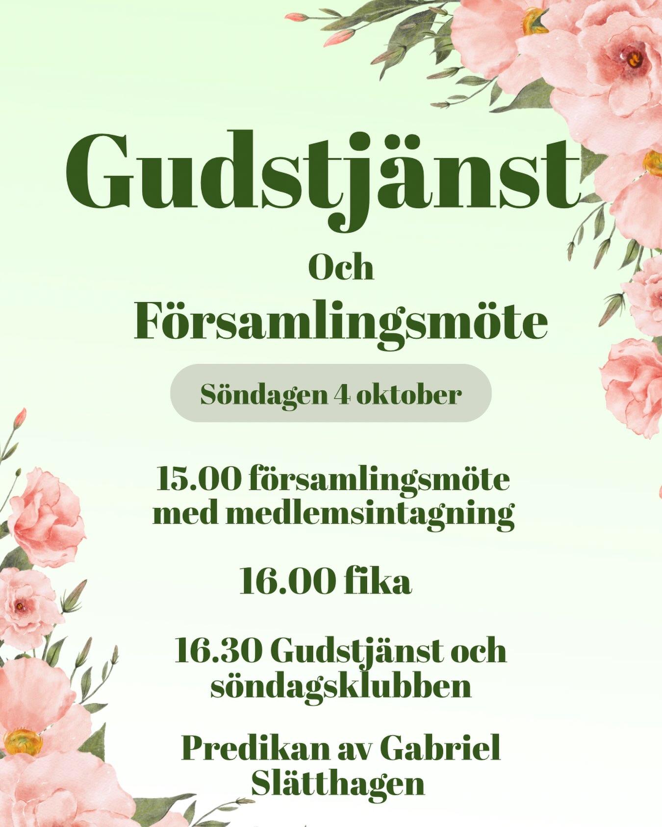 Varmt välkommen på församlingsmöte och Gudstjänst nu på Söndag den 4 oktober! Vi börjar med församlingsmötet klockan 15.00 och fikan börjar sedan vid 16.00. Gudstjänsten börjar 16.30 och predikan är av Gabriel Slätthagen. För barnen finns Söndagsklubben! Hoppas vi ses!