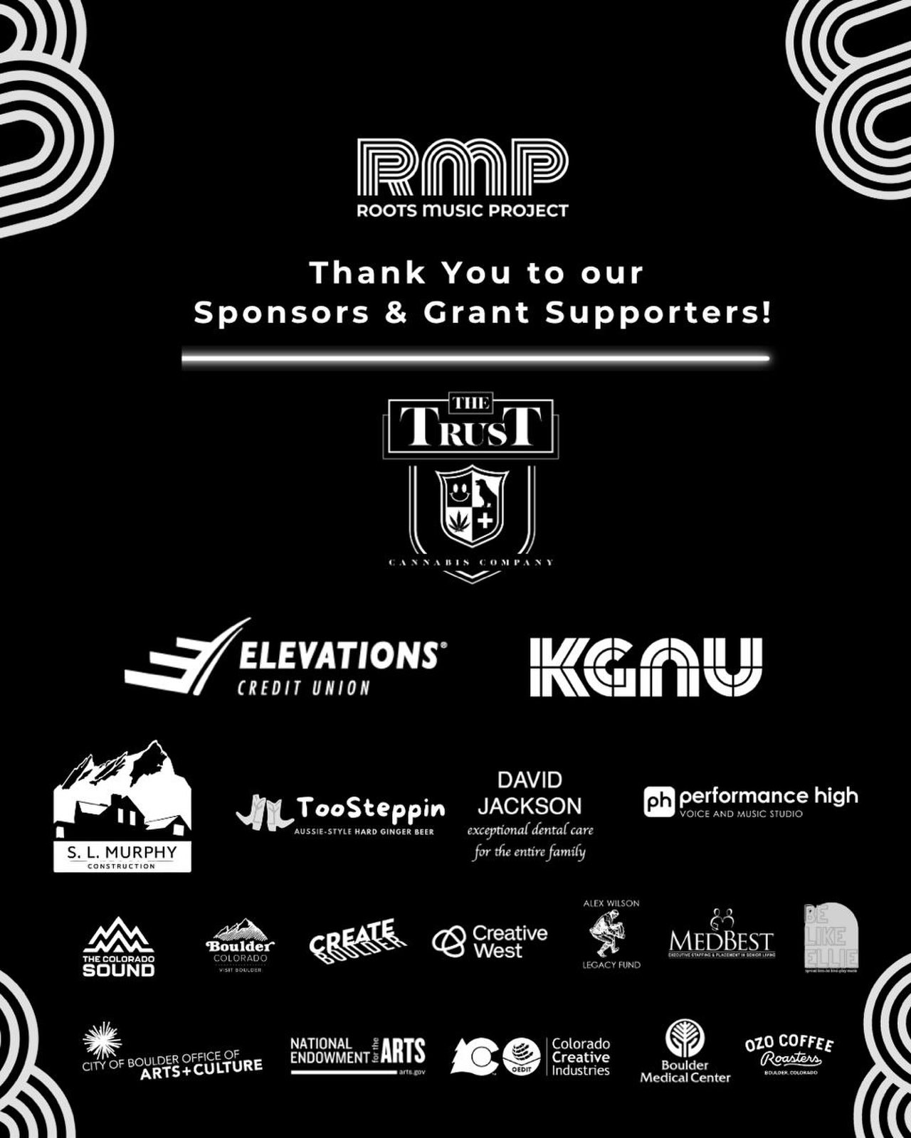 Thank You SO much to our incredible Sponsors ππΆ for supporting Roots Music Projectβs mission π« to amplify the live music community through performance π€ and artist development πΈ Trust Cannabis @thetrustboulder, Elevations Credit Union @elevationscu, SLM Construction, Toosteppin @toosteppin.gingerbeer, David Jackson DDS, Performance High @performancehigh303, Visit Boulder @visitboulder, Create Boulder, Creative West @creativewestrao, Boulder Arts Comission @boulderartsculture, National Endowment of The Arts @neaarts, Colorado Creative Industries @co_creatives, Alex Wilson, Be like Ellie @belikeellie, MedBest, Ozo Coffee Roasters, Boulder Medical Center @bouldermedicalcenter and The Colorado Sound @thecolosound
.
.
.
#ThankYouSponsors #RootsMusicProject #SupportLiveMusic #MusicCommunity #ArtistDevelopment