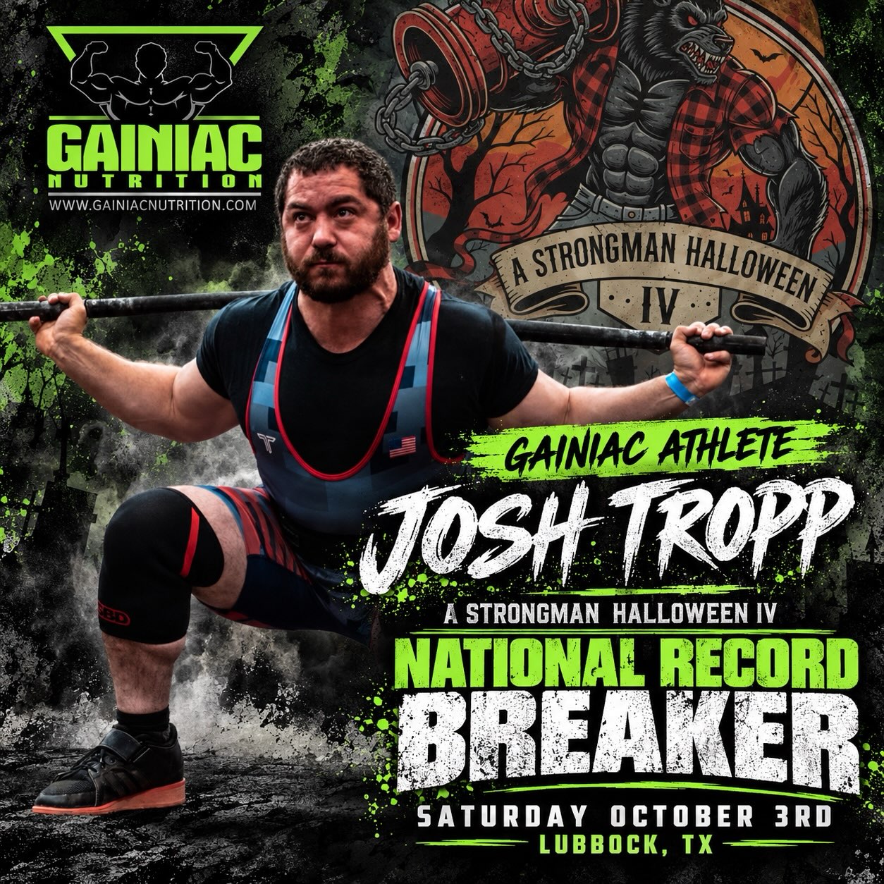Help us hype up @powerliftingprof as he gets ready for the Strongman Halloween IV tomorrow here in Lubbock, Tx @the_bunker_gym_lubbock. This is a record breakers comp and he’s definitely ready for it! He’s not new to strength sports and has a long list of achievements in the strength world! He’s competed in powerlifting on the national and world platforms! Let go Josh! Go destroy the competition and claim your national records!
#teamgainiac
#gainiaclbk #recordbreaker #strongman #gainiacarmy