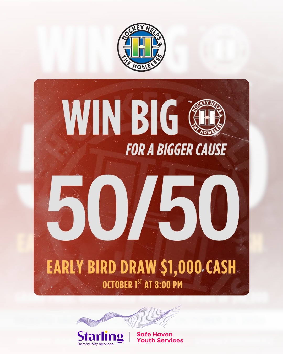 Win big for a bigger cause! 🏒 The Hockey Helps the Homeless 50/50 Draw is live! Every Hockey Helps the Homeless 50/50 ticket purchased helps support local shelter services, including Starling's Safe Haven Youth Services, providing safety, hope, and stability for youth in our community.
🎟️ Get your tickets today at: www.rafflebox.ca/raffle/hhth5050/
Thank you for helping make a lasting impact in our community. 💙
@hhthwr