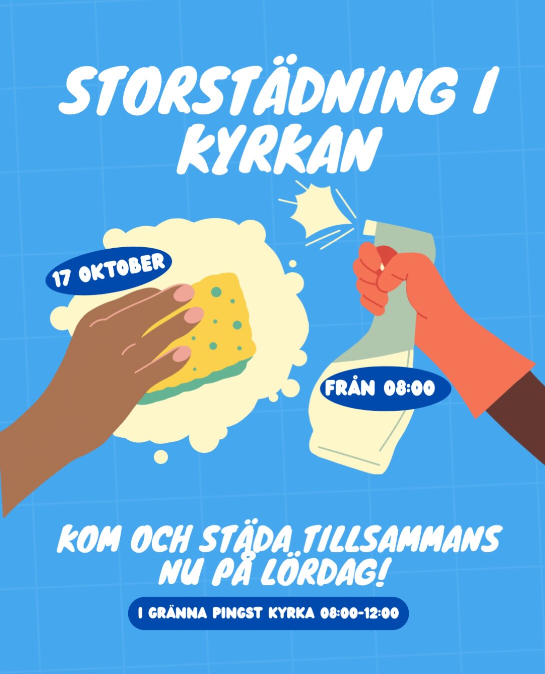 Nu på lördag den 17 oktober storstädar vi kyrkan! Vi börjar 08:00 och håller på tills 12:00. Alla som vill och kan är varmt välkommen! Det blir en härlig arbetsgemenskap och gott fika:)