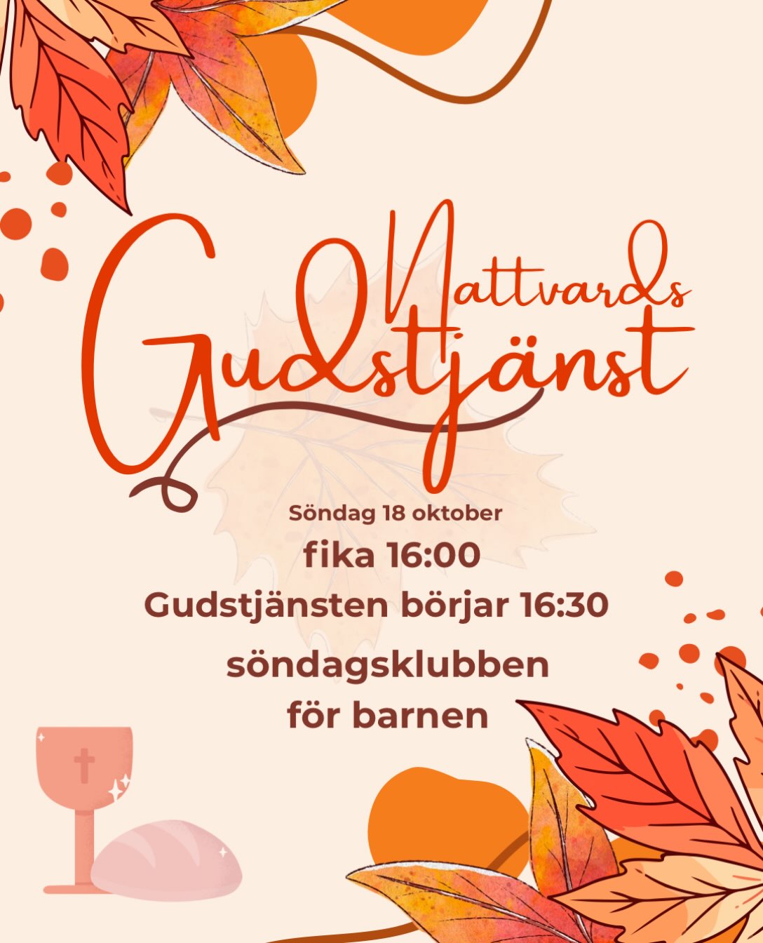 Varmt välkommen att fira nattvardsgudstjänst nu på söndag den 18 oktober! Fikat börjar vid 16:00 och vid 16:30 börjar gudstjänsten! För barnen finns söndagsklubben. Hoppa vi ses där!